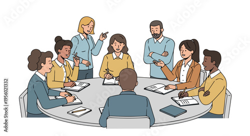 Flat 2D illustration of a diverse group of people in a labor union meeting around a table with concept notes and documents.