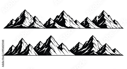 Set of mountain ranges, black and white vector illustration, stylized mountain peaks, outdoor adventure icons, landscape elements for design