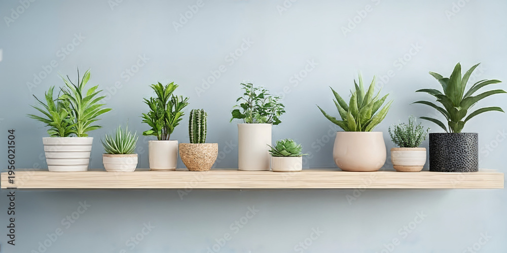 Fototapeta premium Variety of Indoor Plants in Pots on Shelf with Minimal Modern Design