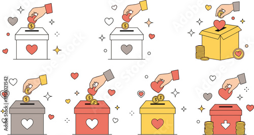 Charity donation boxes set with hands giving money coins and hearts fundraising support cartoon vector illustration collection