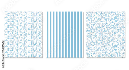 Set of three seamless patterns with blue handdrawn illustrations of sewing tools, accessories, and clothing items