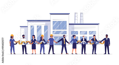 Flat 2D illustration of diverse workers in labor union concept, standing united in front of a modern building with a clean and simple design.