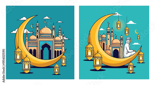 Ramadan kareem greeting card with mosque, crescent moon, lanterns and a man praying, islamic holiday celebration design, flat vector illustration