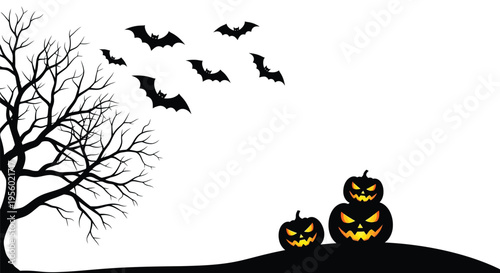 Halloween background with spooky tree, bats, and glowing jackolanterns