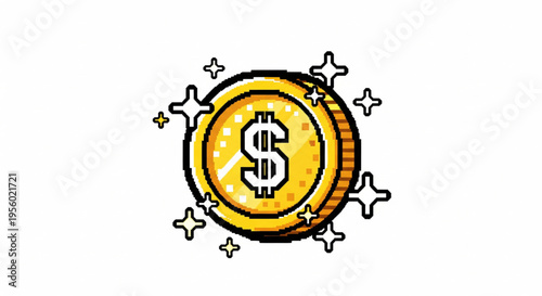 A shiny golden coin with a dollar sign, sparkling brightly on a white background, representing wealth and financial success.