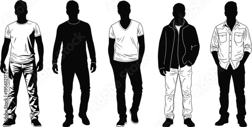 Casual men silhouettes collection in different outfits and poses isolated on white background, fashion styles, modern clothing, urban lifestyle concept set