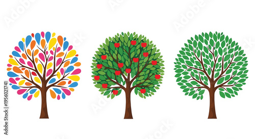 Set of three stylized trees with different foliage, including a colorful abstract tree, an apple tree with red fruits, and a lush green tree