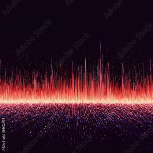A vibrant digital spectrum analysis visualization showing complex data flow through undulating geometric wave patterns and rhythmic oscillation fields ,ethereal ,sound ,physics
