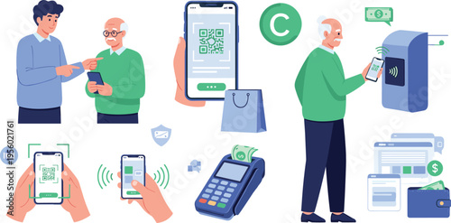 Contactless payment set with QR code mobile wallet NFC terminal and digital transactions secure cashless technology cartoon vector illustration collection