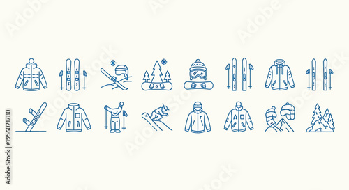 Set of winter sports icons, including skiing, snowboarding, winter clothing, and mountain landscape elements, linear style illustrations