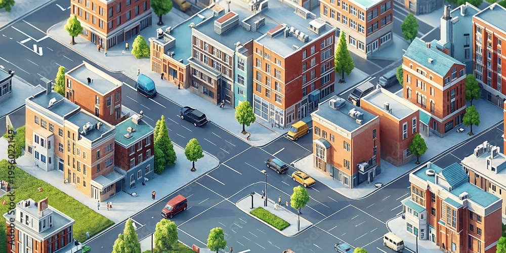 Fototapeta premium Isometric City Intersection with Traffic and Modern Urban Buildings
