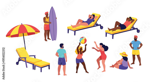 Set of people relaxing on the beach, summer vacation activities, sunbathing on lounge chairs, playing with a beach ball, and holding a surfboard, flat vector illustration