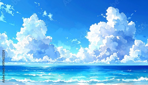 晴天 入道雲 海 夏 水彩画 青空 風景