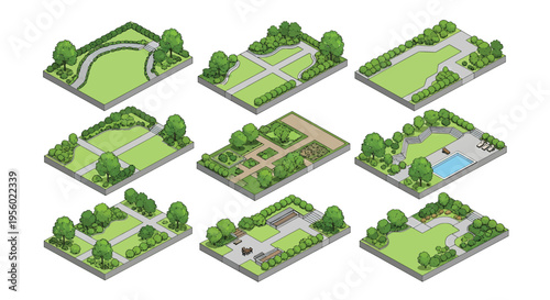 Set of isometric garden landscape designs with various layouts, green lawns, trees, pathways, swimming pool, and patio areas