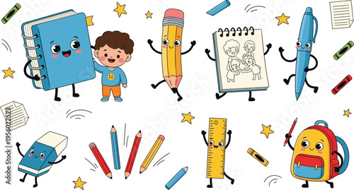 Cute school supplies characters set with notebook pencil pen ruler and backpack kawaii education cartoon vector illustration collection