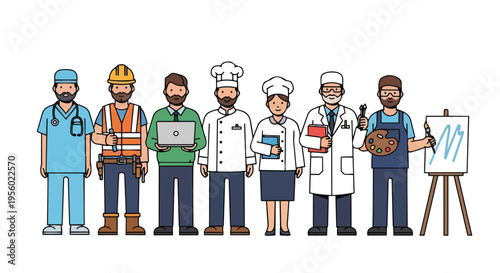 Flat 2D illustration of diverse professionals in various occupations, representing labor and union concept with a graphic and colorful style against a clean white background.