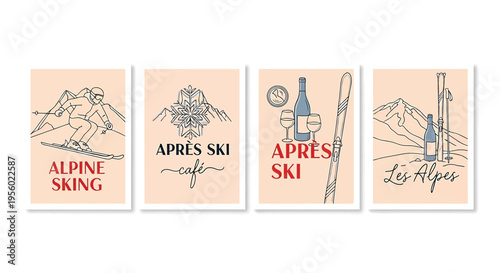 Set of four minimalist line art posters for winter sports and apres ski theme, featuring a skier, snowflake, wine glasses, and mountain landscape illustrations in a modern aesthetic