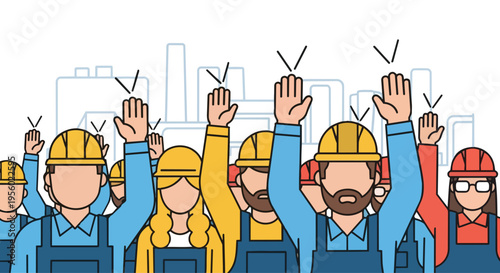Flat 2D illustration of a diverse group of construction workers in labor union, concept of solidarity, with raised hands in a cityscape background.