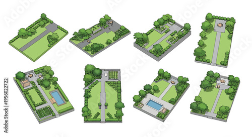 Set of isometric garden designs with various landscaping elements, trees, lawns, pathways, swimming pools, and outdoor seating areas