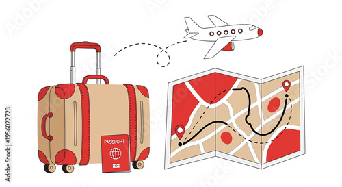 Travel concept with suitcase, passport, map and airplane vector illustration of vacation planning, tourism, journey and trip preparation