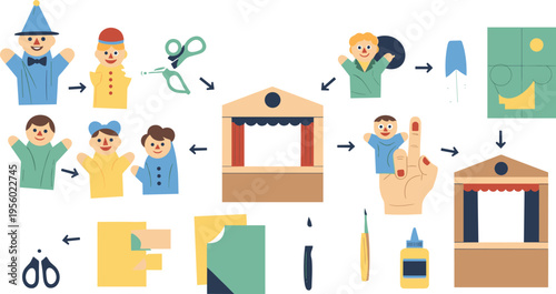 DIY puppet theater making process with paper craft dolls scissors glue and stage steps kids creative activity cartoon vector illustration set