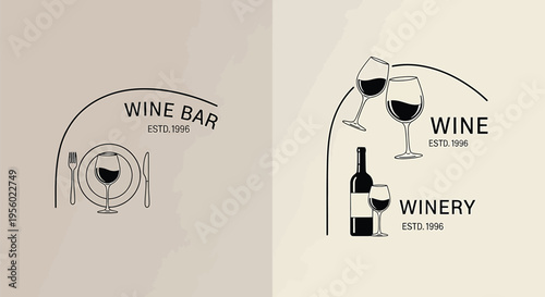 Set of wine bar and winery logo templates with wine glasses, bottle, plate, fork and knife, minimalist line art style, vector illustration