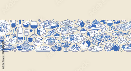 Seamless pattern with various gourmet food and drinks, including wine, cheese, fish, and fruits, handdrawn illustration in blue ink style on a light beige background
