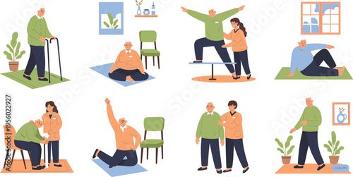 Elderly care activities set with senior people rehabilitation support assistance and home healthcare cartoon vector illustration collection