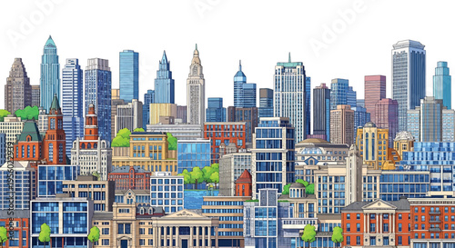 Detailed illustration of a modern city skyline with various architectural styles, skyscrapers, and office buildings