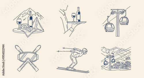 Set of winter vacation icons, ski resort activities, winter sports, wine and cheese, ski lift and skier, line art vector illustration