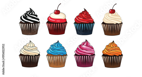 Set of colorful cupcakes with different frosting and toppings, including cherries
