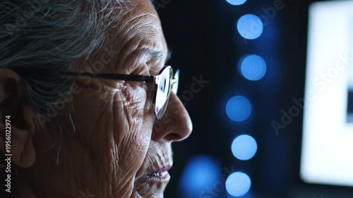 Elderly person wearing glasses profile view looking at a computer screen with bokeh lights in the background thoughtful