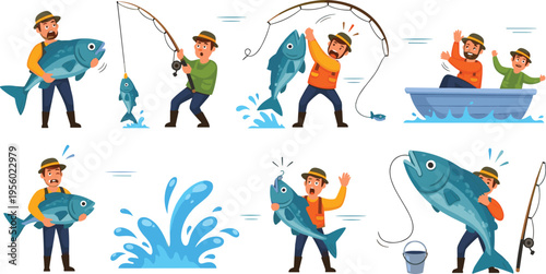 Fishing activities set with fishermen catching big fish rod casting and boat angling scenes cartoon vector illustration collection