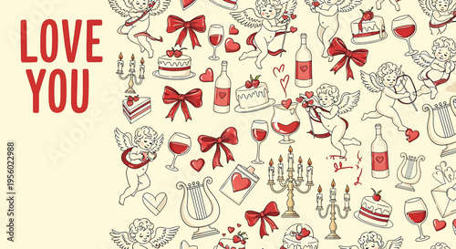 Seamless pattern with romantic elements for valentines day, including cupids, cakes, wine glasses, bottles, bows, hearts, harps, and candelabras, handdrawn illustration style