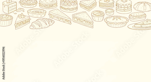 Hand drawn set of various desserts, cakes, pies, pastries and sandwiches sketch style vector illustration of sweet bakery food items arranged in a top border on a light cream background