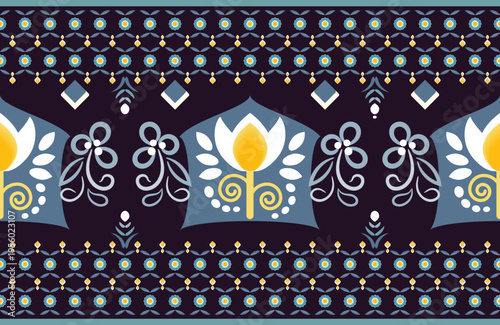 Seamless Folk Floral Pattern with Decorative Border