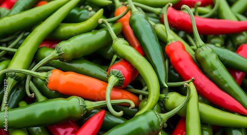 A pile of green and red hot peppers