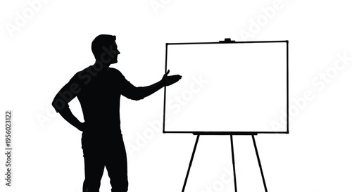 Silhouette of a man standing next to a blank whiteboard