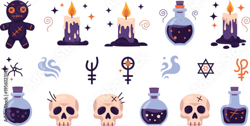 Halloween magic elements set with skull candles potions symbols and spooky voodoo doll dark fantasy cartoon vector illustration collection