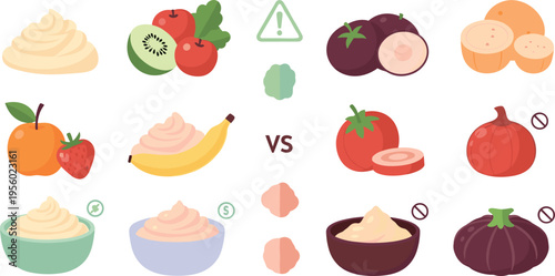 Healthy food vs unhealthy comparison set with fruits vegetables sweets and nutrition choices diet concept cartoon vector illustration collection