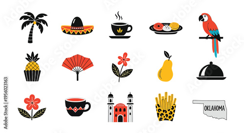 Set of handdrawn icons featuring tropical elements, food, drinks, architecture, and oklahoma state map, vector illustration