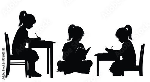 Silhouettes of schoolgirls studying, writing and reading