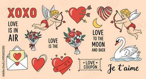 Valentines day vector set with cute cupids, hearts, flowers, swan and romantic lettering hand drawn doodle elements for greeting cards, invitations, stickers and scrapbooking