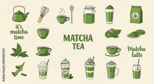Set of hand drawn matcha tea elements, including tea leaves, whisk, teapot, cups, latte, and powder, vector illustration