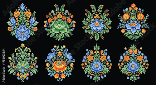 Set of folk art floral bouquets, traditional polish embroidery style, decorative flower arrangements with blue and orange blossoms and green leaves
