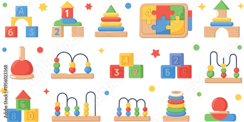 Kids educational toys collection with colorful blocks stacking rings puzzles and bead maze learning game cartoon vector illustration set