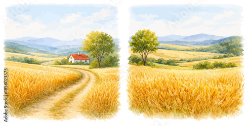 A beautiful collection of watercolor golden wheat fields, featuring sunlit rural landscapes with country paths, trees, and distant hills isolated on a transparent background.