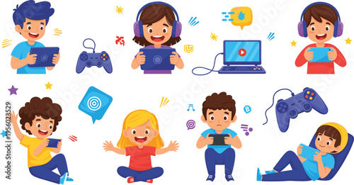 Kids playing video games on tablets and consoles cartoon set with happy children gaming characters digital entertainment lifestyle illustration