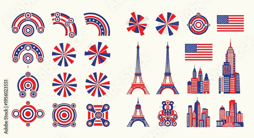 Set of patriotic american symbols, eiffel tower, and city skyline icons in red, white, and blue colors