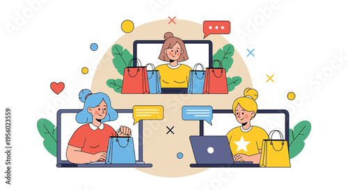 People shopping online together via video call on laptops